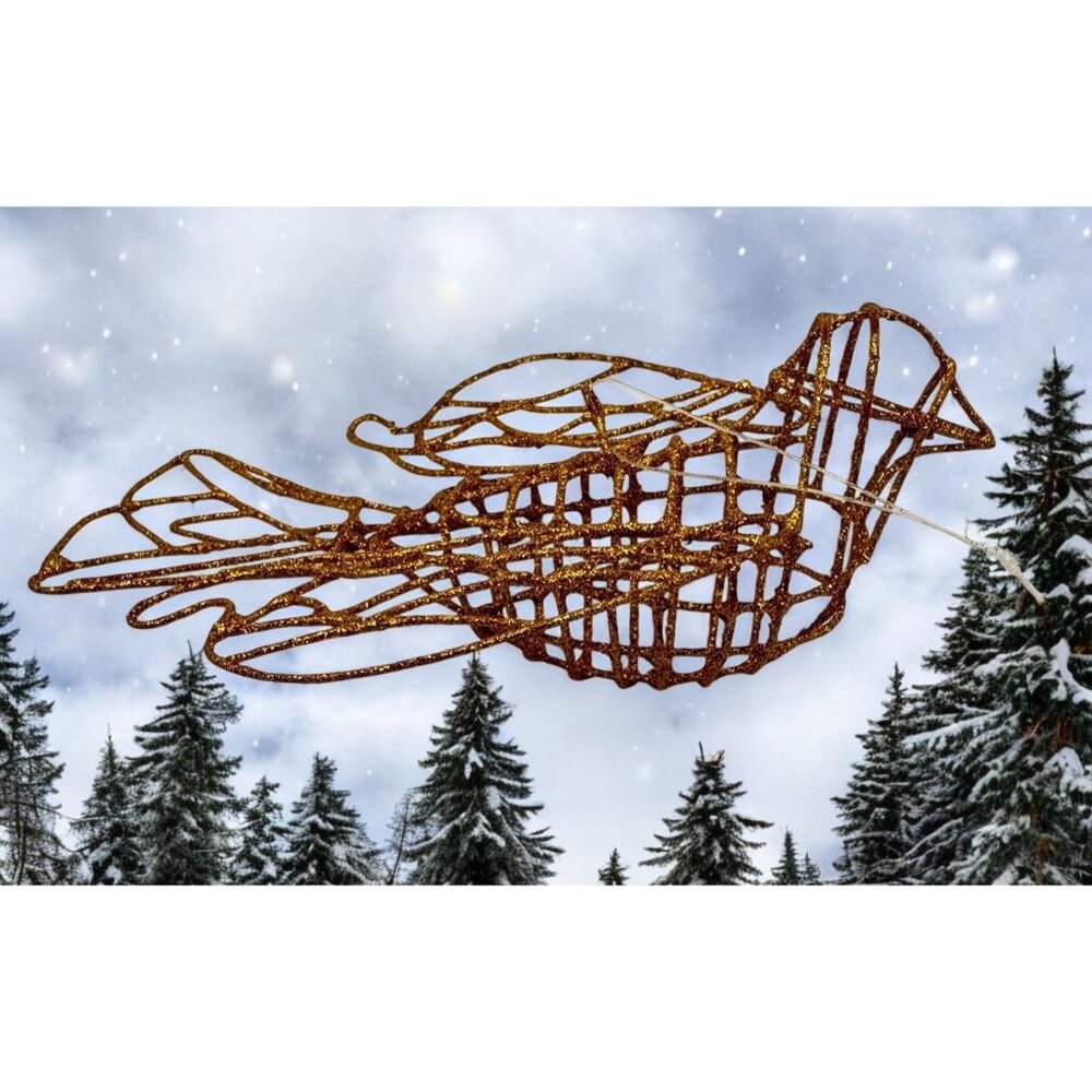 Vintage Gold Glitter Wire Bird Christmas Tree Ornament Ornate Shimmering